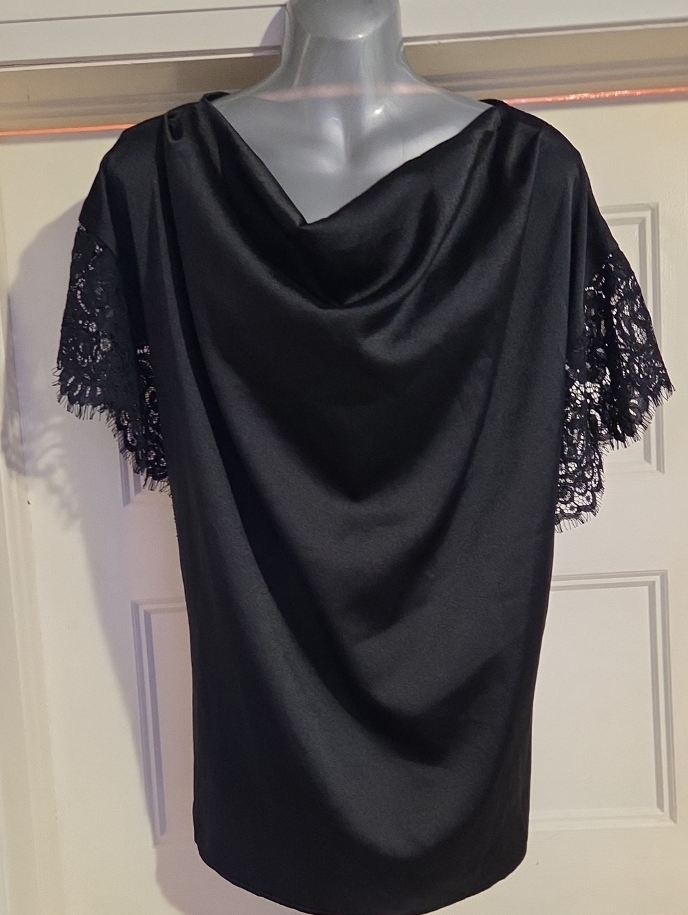 Black Lace-Sleeve Cowl-Neck Women's Blouse